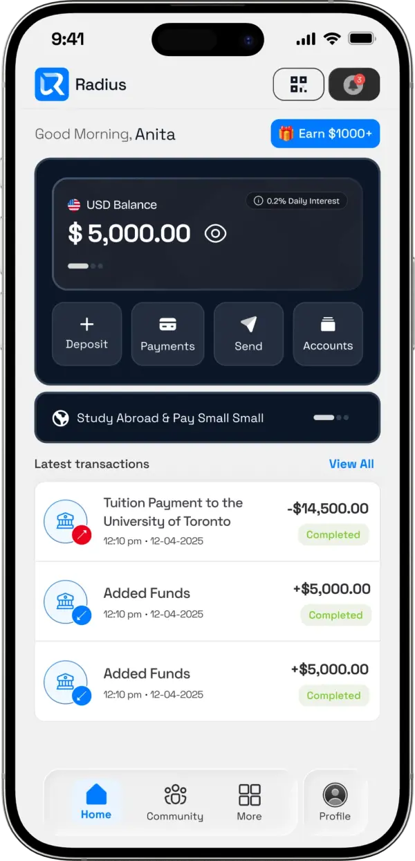 Radius app showing a multicurrency account balance and recent transactions